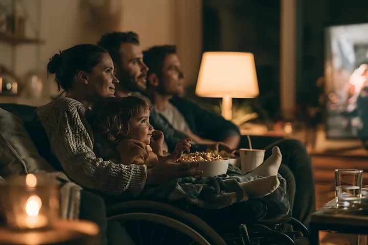 A family enjoys a movie night at home while sitting on a couch, with snacks in hand.