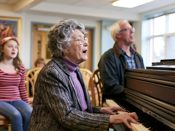A family enjoys a musical moment together as they play piano and sing in a bright room.