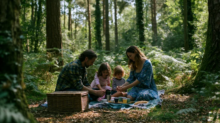 A family enjoys a picnic in a shaded meadow in a woodland clearing, surrounded by trees and greenery.