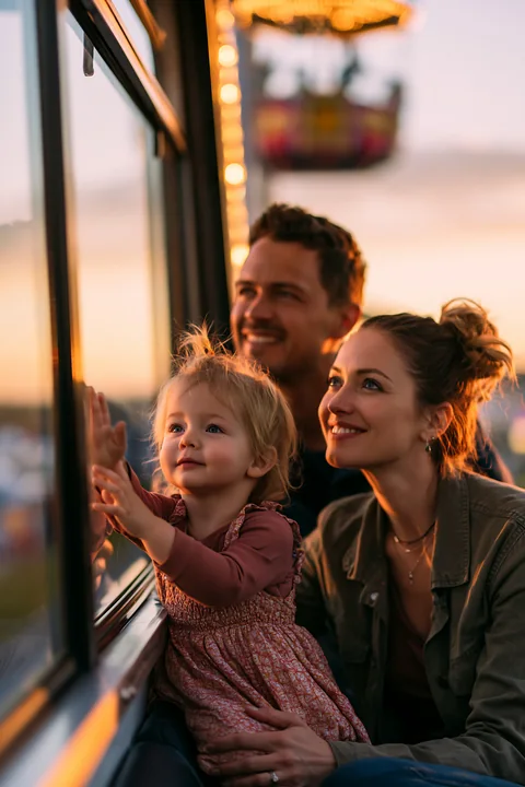 A family enjoys a quiet moment on a Ferris wheel as they watch the sunset.