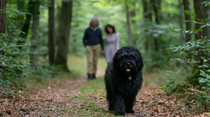 A family enjoys a stroll in a green forest with a rare dog breed family with dog.