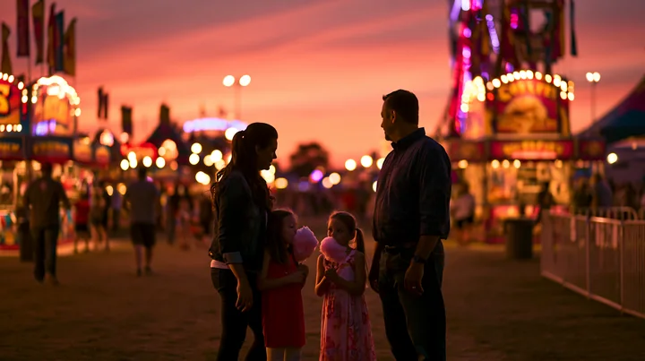 A family enjoys cotton candy together at a funfair while the sunset creates a colorful sky.