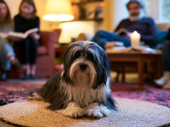 A family enjoys time together in a cozy living room with a rare dog breed family with dog resting on a woven rug.