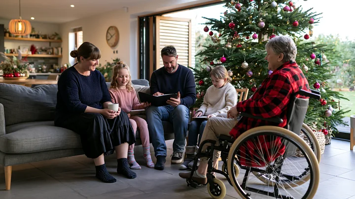 A family enjoys time together indoors near a decorated Christmas tree.
