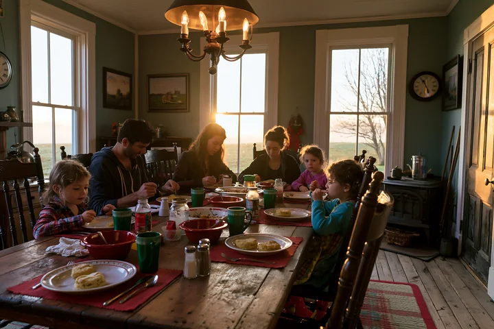 A family gathers around a table for breakfast in a cozy dining room, enjoying their meal while sunlight streams through the windows.