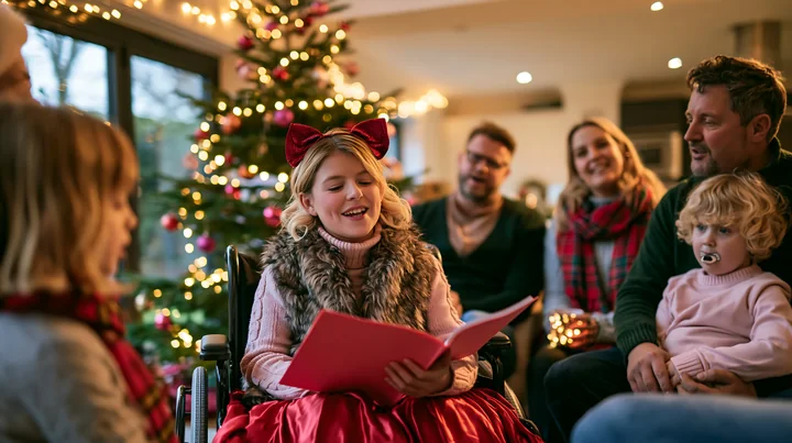 A family gathers indoors to sing Christmas carols by the decorated tree.