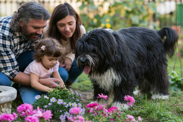 A family interacts with a rare dog breed in a garden filled with flowers.