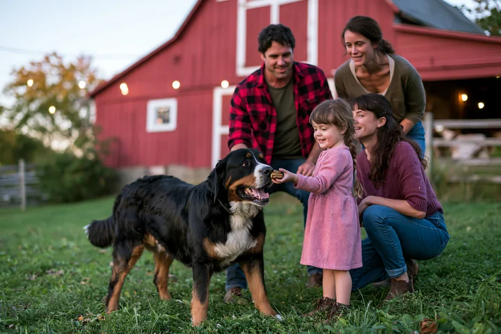 A family interacts with their rare dog breed near a barn at dusk.