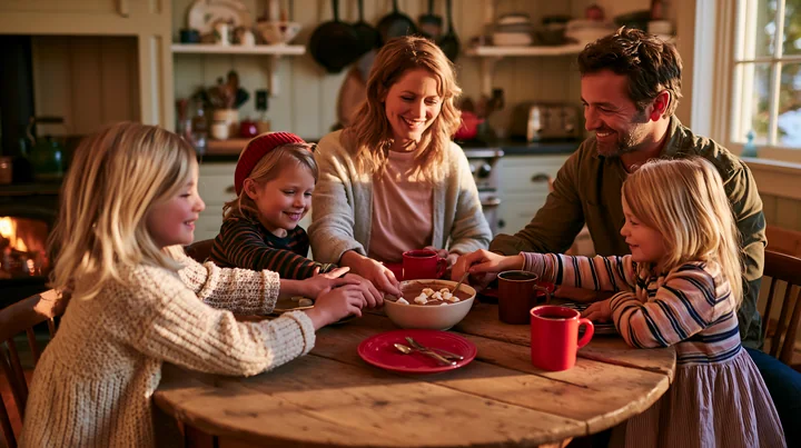A family is gathered around a wooden table, sharing hot chocolate and treats in a warm kitchen.