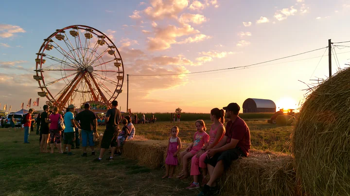 A family is seated on hay bales while waiting for the ferris wheel at a fair during sunset.