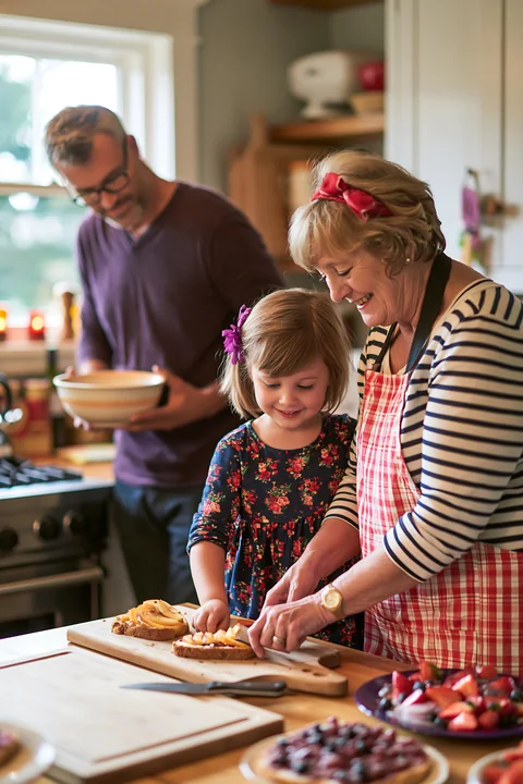 A family prepares breakfast together in a cozy kitchen, featuring a child assisting an adult with chopping.