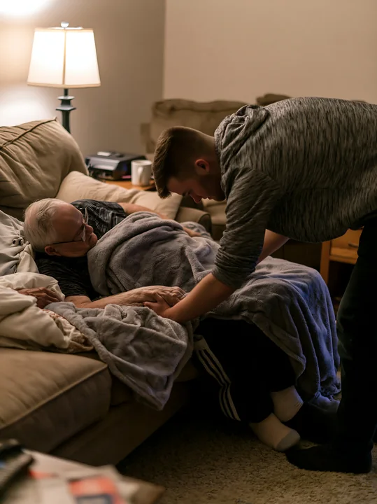 A family visiting a Parkinson's patient at home shows a young man assisting an elderly person on a couch.