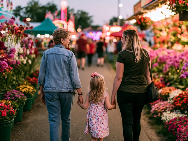 A family walking hand in hand through a fair at twilight, surrounded by colorful flowers and bright lights.