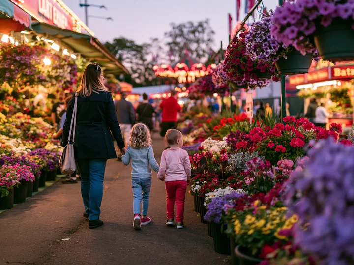 A family walking hand in hand through a fair filled with colorful flower stalls.