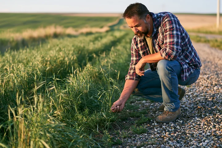 A farmer inspecting meadow crops bends down in a field, looking closely at the plants on a sunny day.