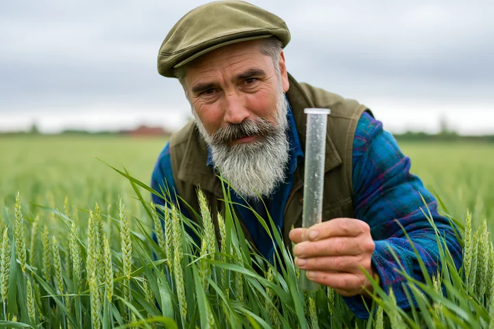 A farmer inspecting meadow crops holds a measuring tool in a field of wheat.