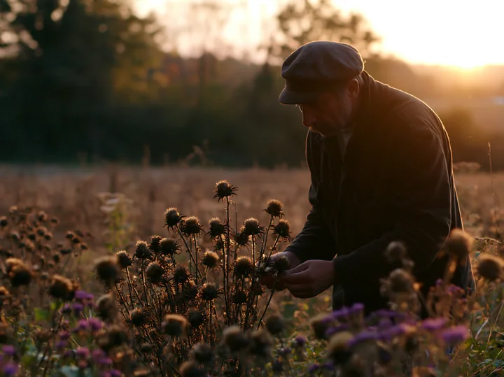 A farmer inspecting meadow crops in a rural field during sunset.