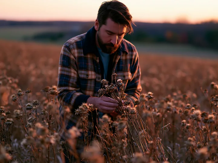 A farmer inspecting meadow crops in an open field at sunset.