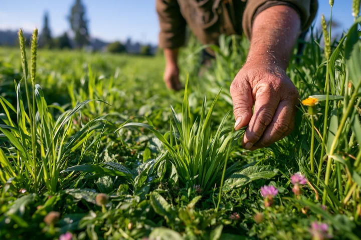 A farmer is inspecting meadow crops in a green field.