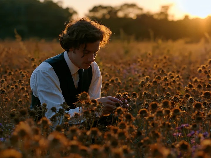 A farmer is inspecting meadow crops while sitting among flowers at sunset.