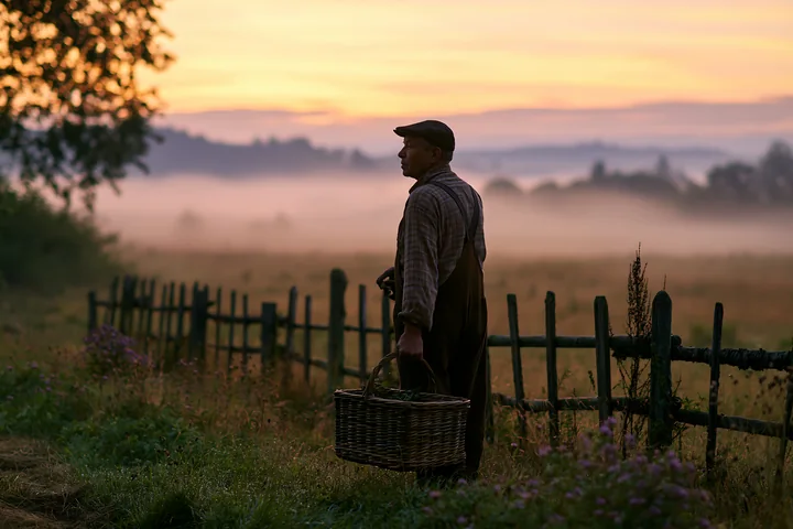 A farmer stands near a wooden fence holding a basket as fog drifts across the meadow during sunrise.