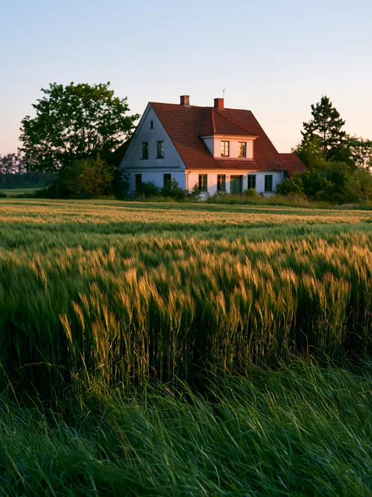 A farmhouse among green fields stands surrounded by crops and trees at sunset.