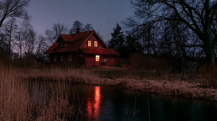 A farmhouse beneath night sky stands near a calm water body.