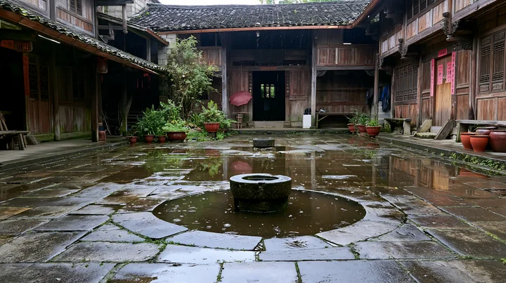 A farmhouse courtyard with well features an open space filled with stone pathways and planters around.