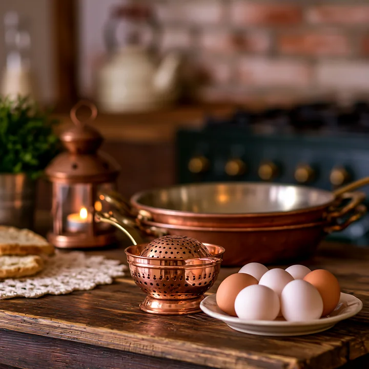 A farmhouse kitchen features copper cookware, a plate of eggs, and a lantern on a wooden table.