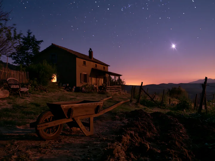 A farmhouse sits under a starry sky with rolling hills in the distance.