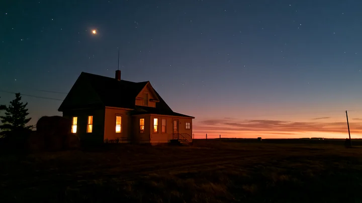 A farmhouse stands alone beneath the night sky as stars twinkle above.