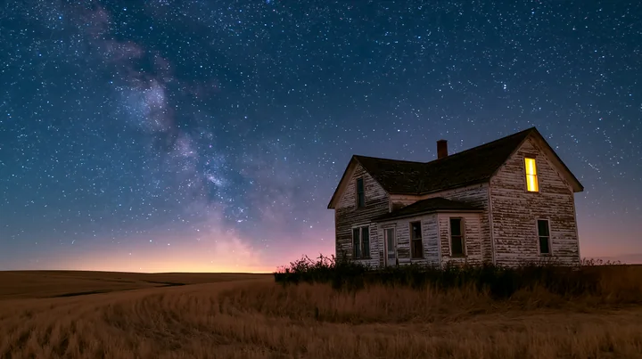 A farmhouse stands alone in an open field under a clear night sky filled with stars.