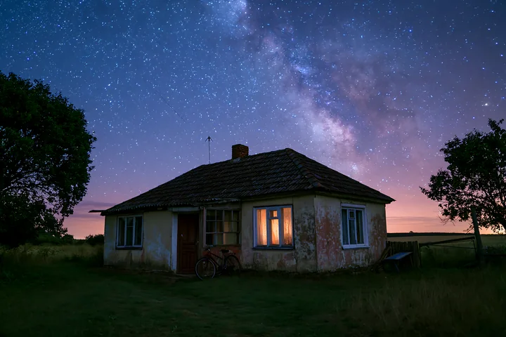A farmhouse stands in a field at night, under a sky filled with stars.