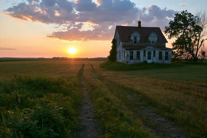 A farmhouse stands near a dirt road as the sun sets over open fields.