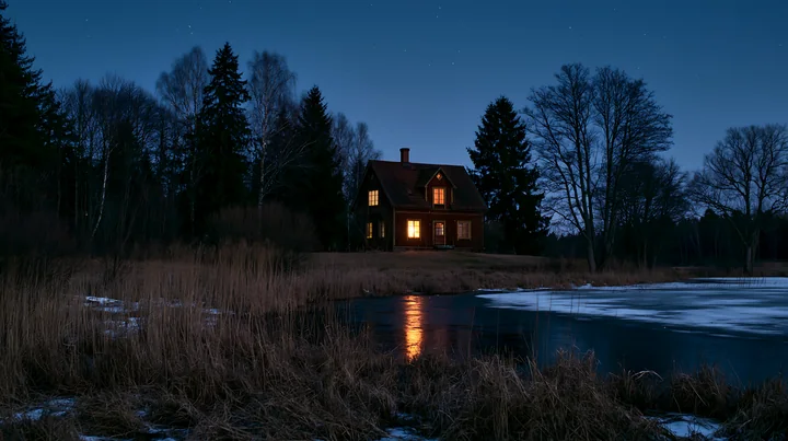 A farmhouse stands near a pond under a night sky filled with stars.
