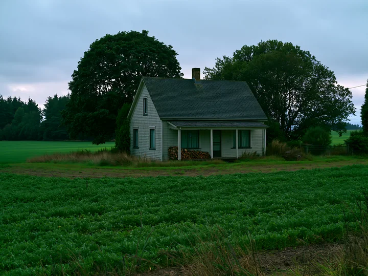 A farmhouse stands surrounded by green fields and trees on a cloudy day.