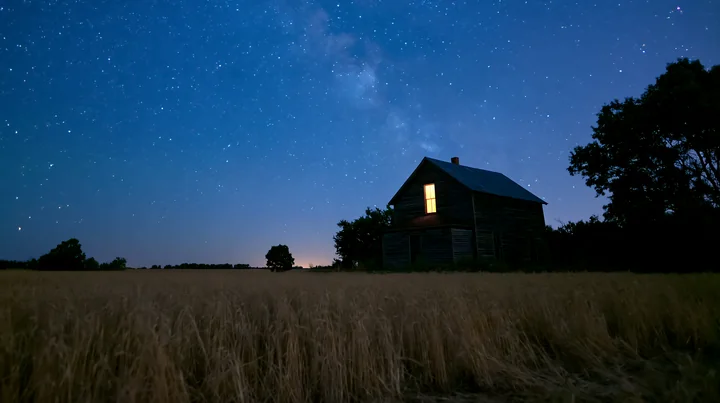 A farmhouse stands under a starry night sky, illuminated by a warm glow from its windows.