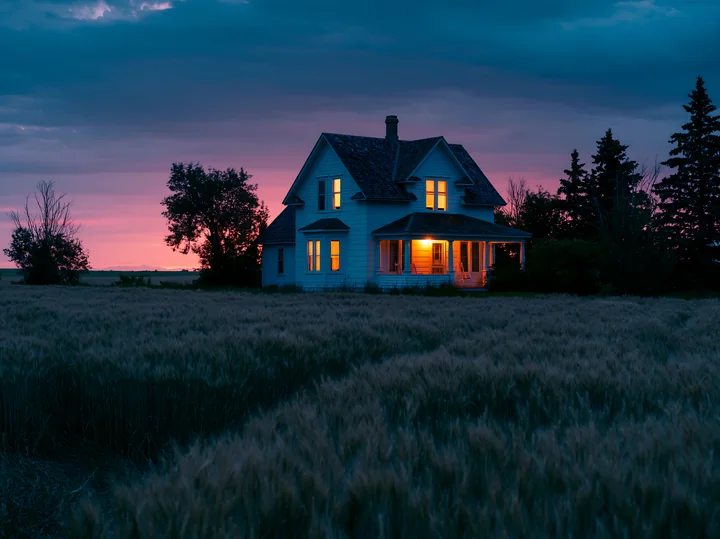 A farmhouse surrounded by wheat fields stands against a colorful sunset.
