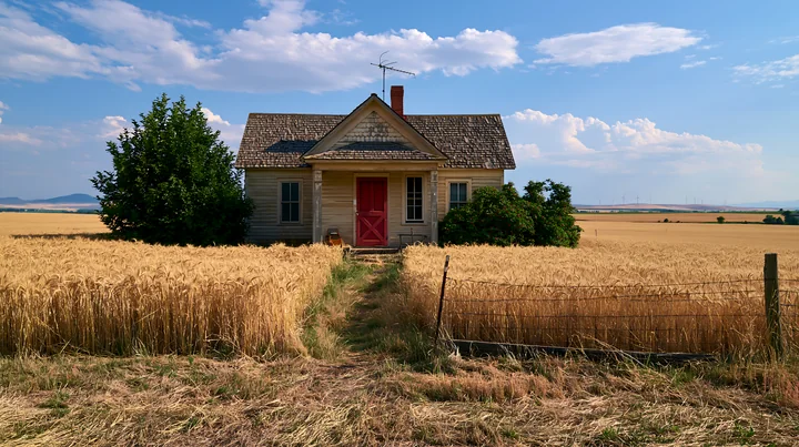 A farmhouse surrounded by wheat fields stands in a rural area with blue skies and scattered clouds.