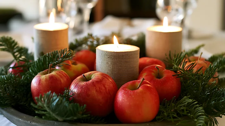 A festive arrangement features red apples, candles, and evergreen leaves on a table setting, creating a warm atmosphere for holiday gatherings.