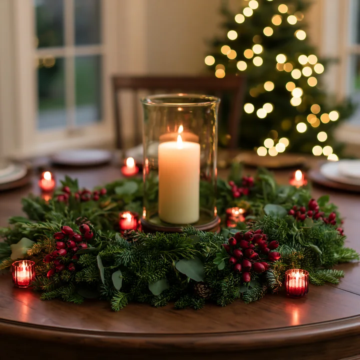 A festive centerpiece features a glass candle holder and red berries atop a green arrangement.