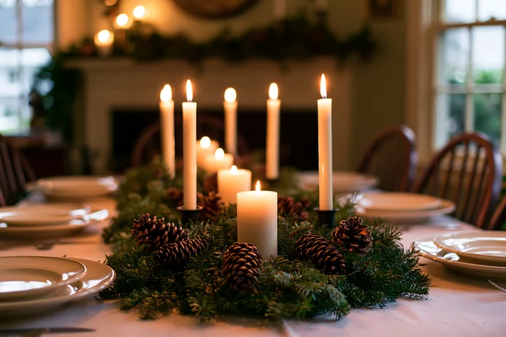 A festive Christmas centerpiece features candles and pinecones on a dining table, creating a warm atmosphere in a decorated room.