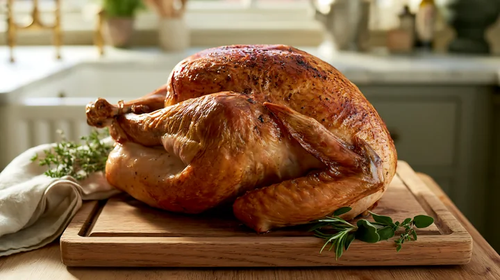 A festive Christmas roast turkey is placed on a wooden cutting board in a high-end kitchen.