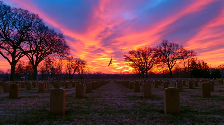 A field of headstones stretches under a colorful sunset sky with an American flag at Arlington Cemetery.