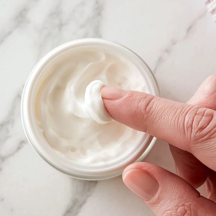 A finger dips into a jar of hand cream placed on a marble surface.