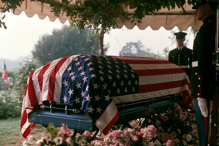 A flag-draped coffin is present during a veteran funeral service in a cemetery.