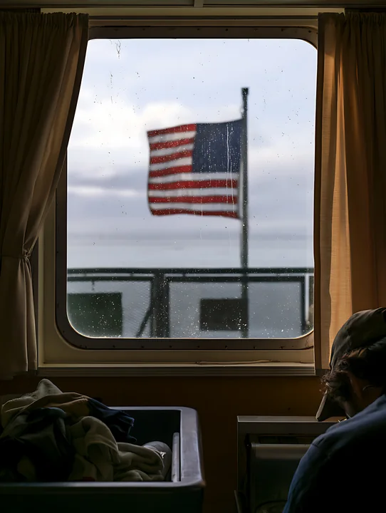 A flag flutters outside a window in a ship's room, with a person seated nearby engaged in an activity.