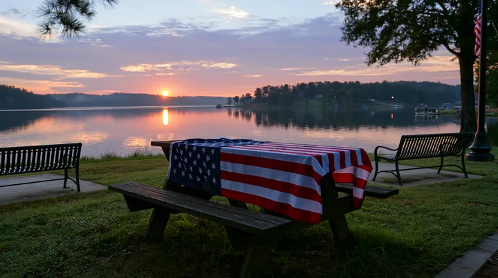 A flag is draped over a picnic table near a lake as the sun rises.