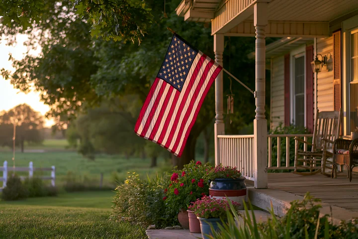 A flag of the United States hangs from a porch in the evening light, with a green landscape and flower pots around the entrance.