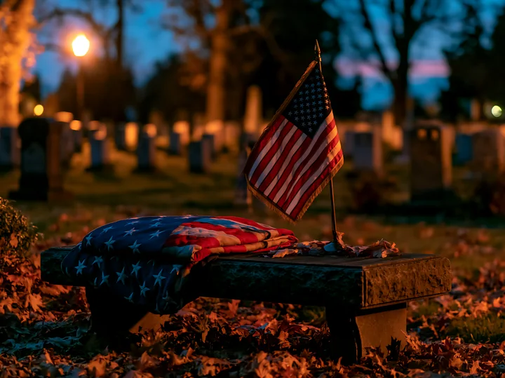 A flag stands on a stone bench in an autumn military cemetery at night, surrounded by leaves and gravestones.